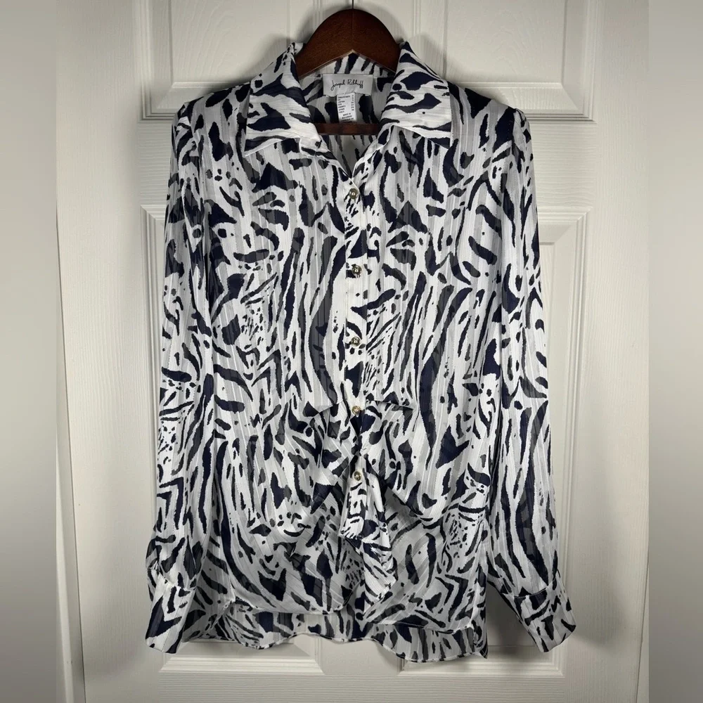 Joseph Ribkoff Button Up Collared Navy/White Blouse Style 231025 Size 2 - Picture 2 of 11